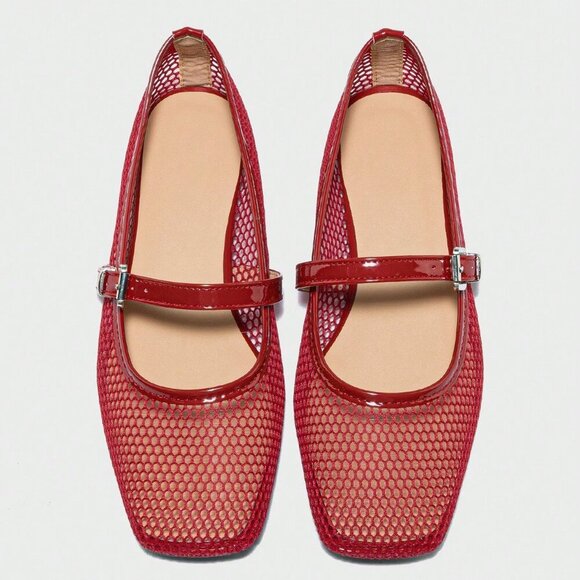 Red Fashionable Women's Ballet Flats Spring Square Toe Flat Shoes - Picture 2 of 7